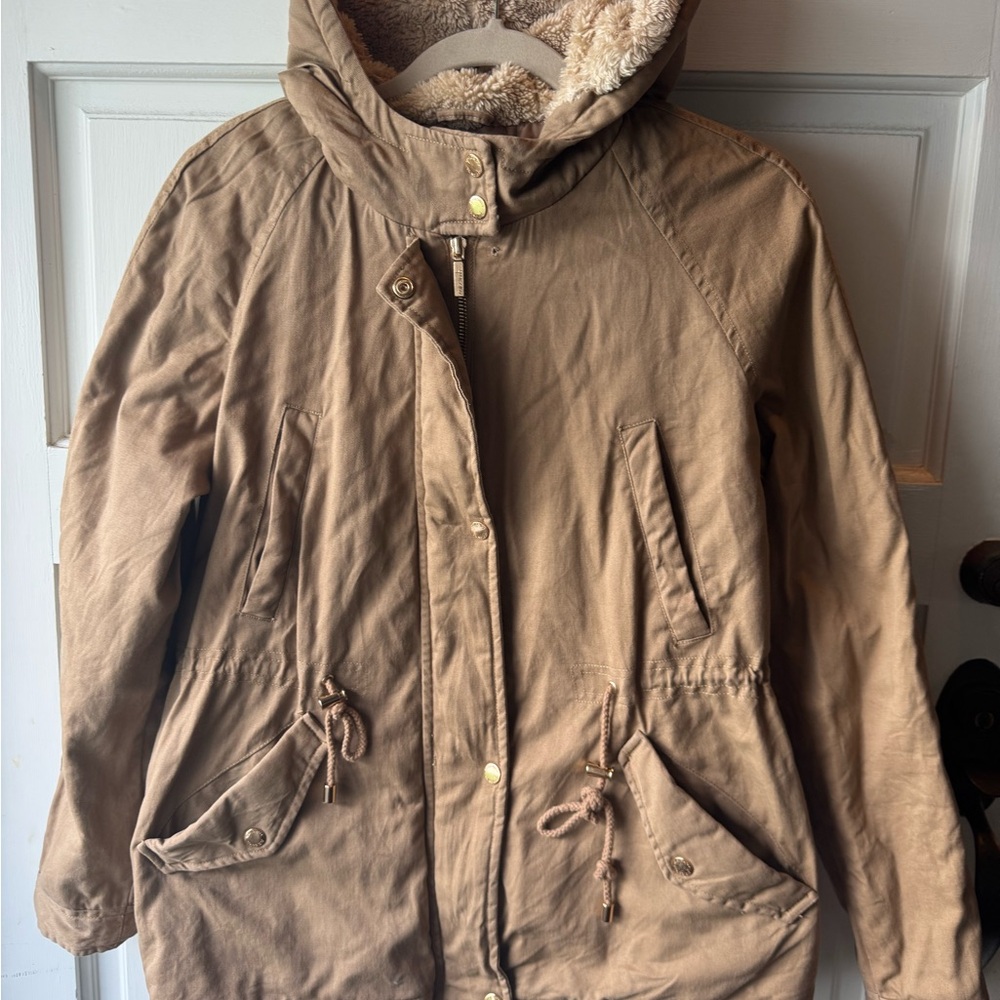 Tan Hooded Parka with Faux Fur Lining